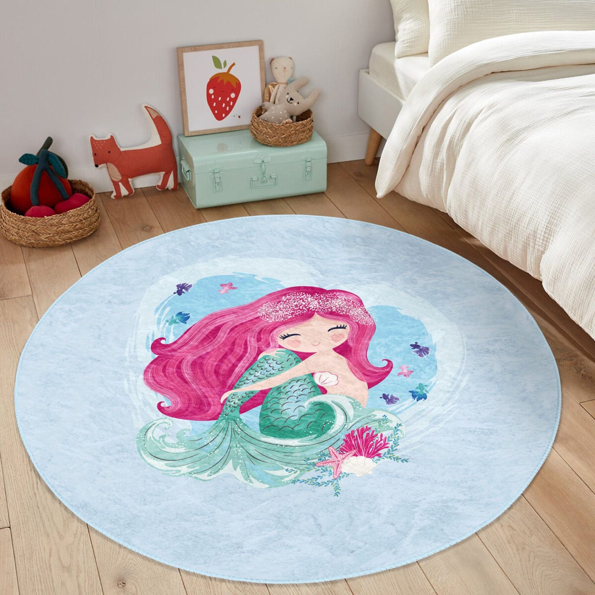 Cute Kids Washable Rug featuring a vibrant mermaid design in the sea, made from soft velvet fabric, perfect for children's rooms.