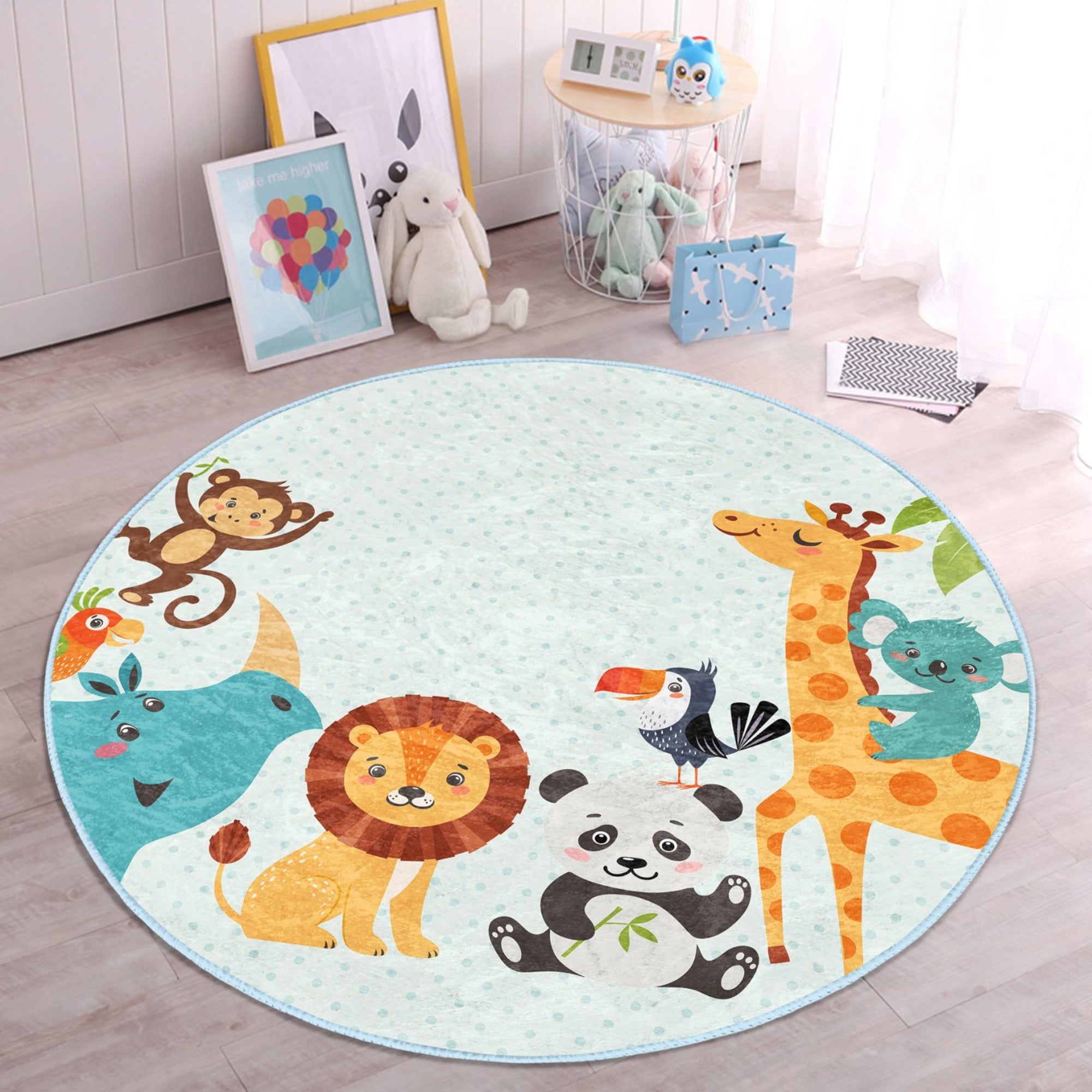 A colorful round rug featuring cute safari animals like lions, elephants, and giraffes, designed for children's rooms, showcasing a playful and inviting atmosphere.