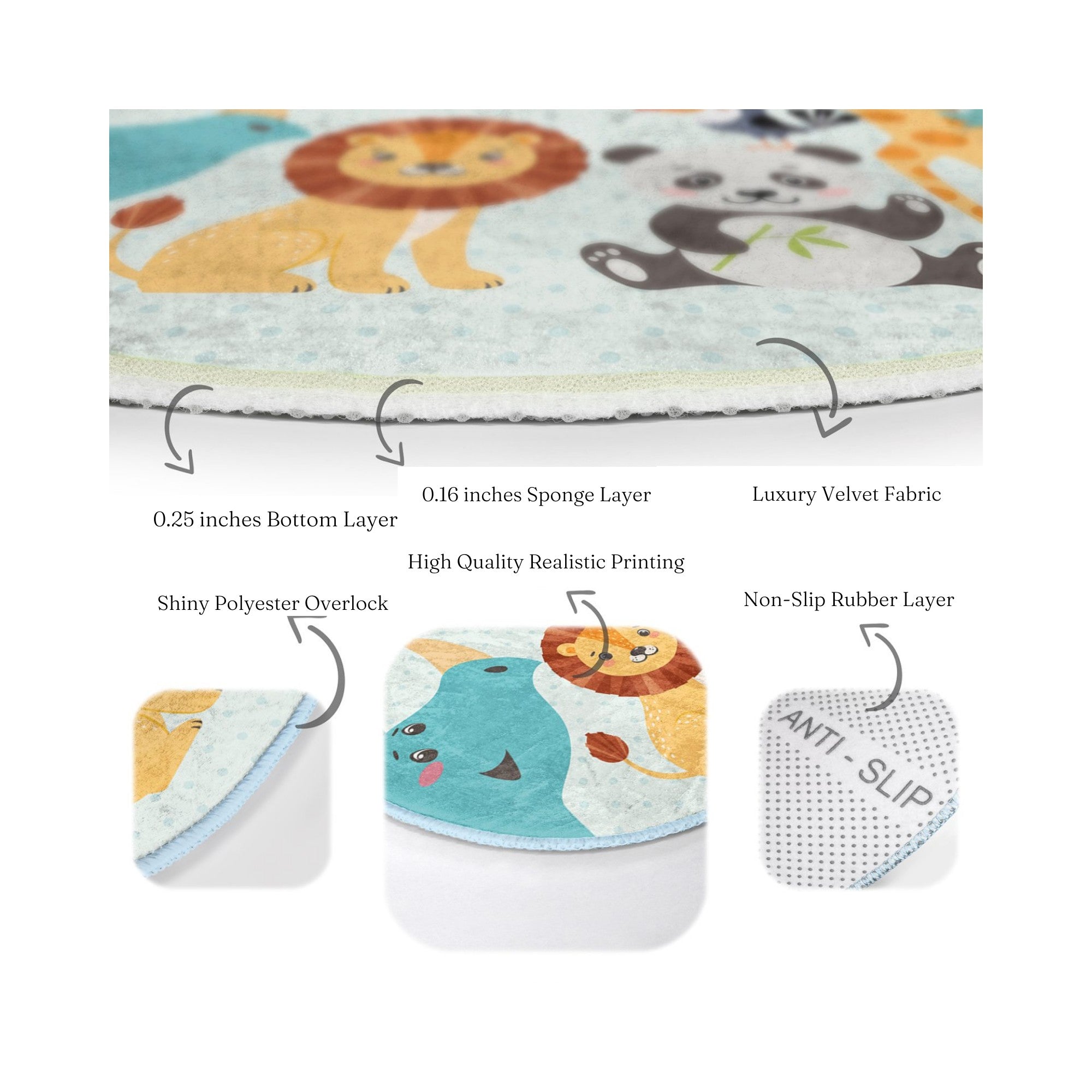 A colorful round rug featuring cute safari animals like lions, elephants, and giraffes, designed for children's rooms, showcasing a playful and inviting atmosphere.