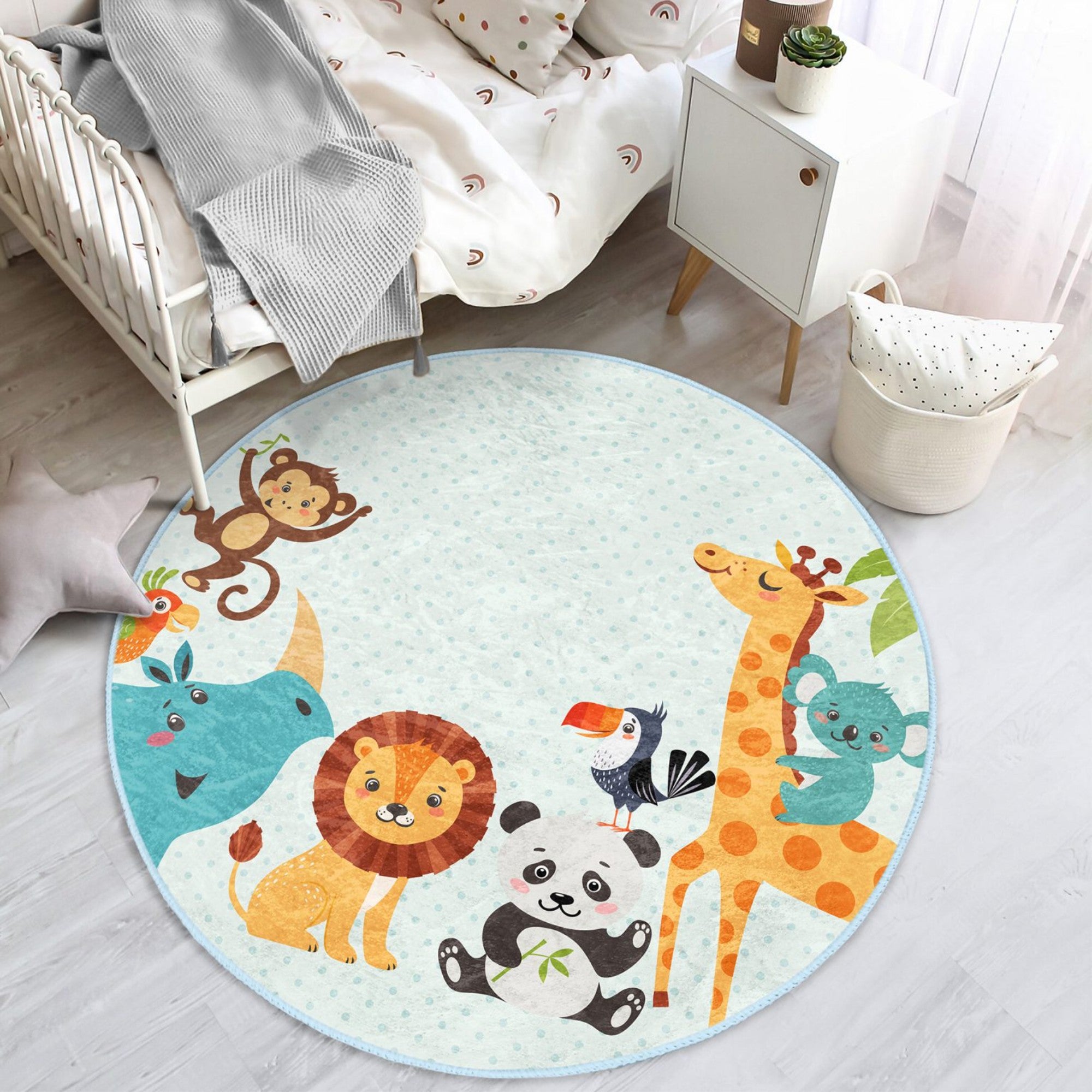 A colorful round rug featuring cute safari animals like lions, elephants, and giraffes, designed for children's rooms, showcasing a playful and inviting atmosphere.