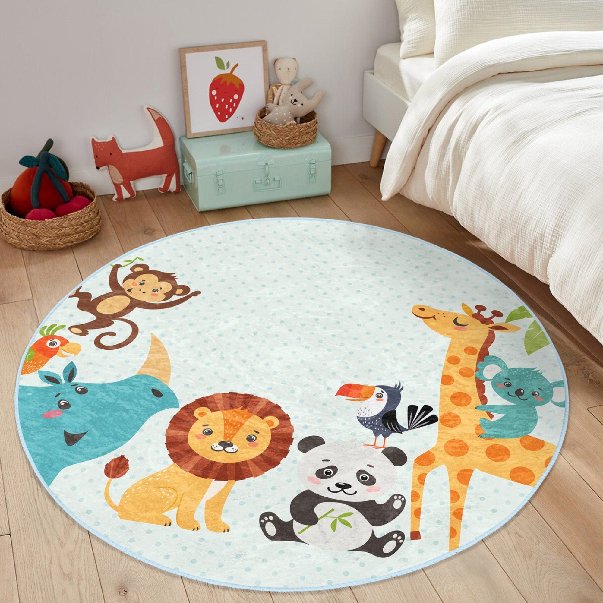 A colorful round rug featuring cute safari animals like lions, elephants, and giraffes, designed for children's rooms, showcasing a playful and inviting atmosphere.
