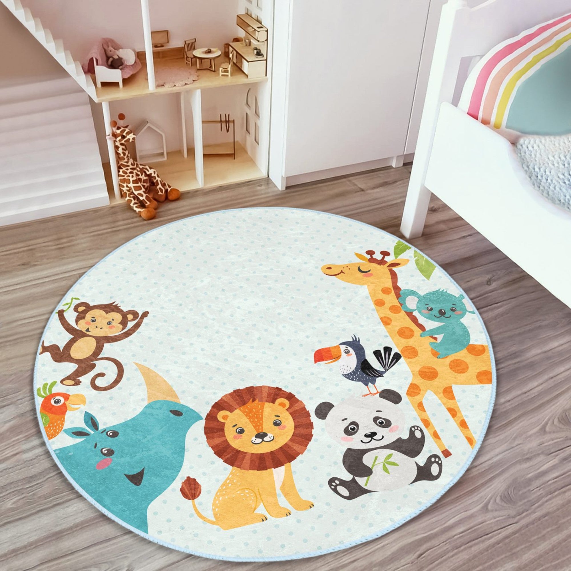 A colorful round rug featuring cute safari animals like lions, elephants, and giraffes, designed for children's rooms, showcasing a playful and inviting atmosphere.
