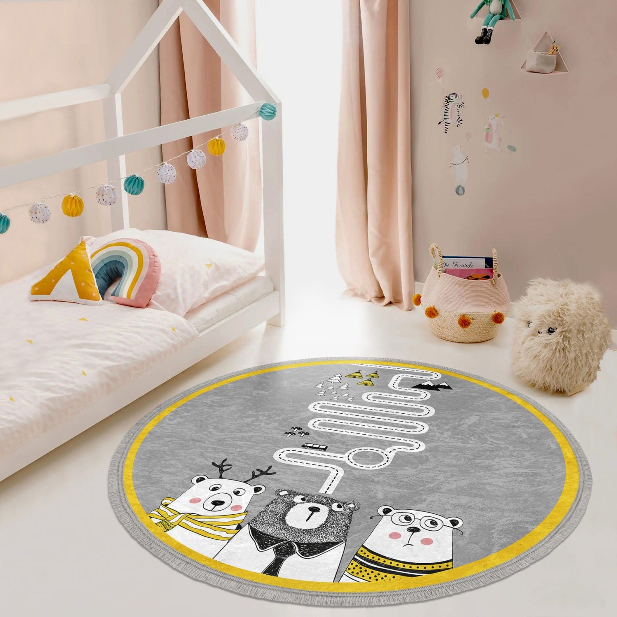 Cute Teddy Bear Round Rug in a child's room, featuring a soft velvet texture and playful teddy bear design.
