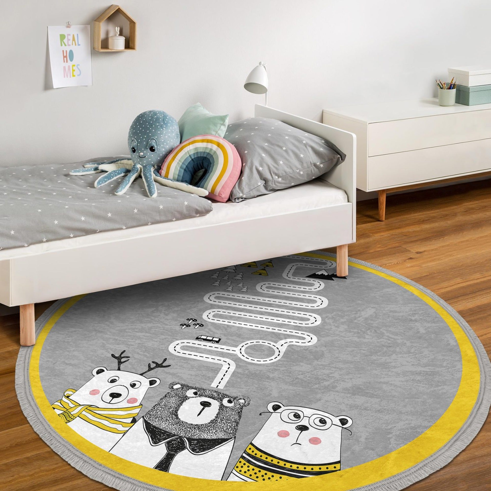 Cute Teddy Bear Round Rug in a child's room, featuring a soft velvet texture and playful teddy bear design.