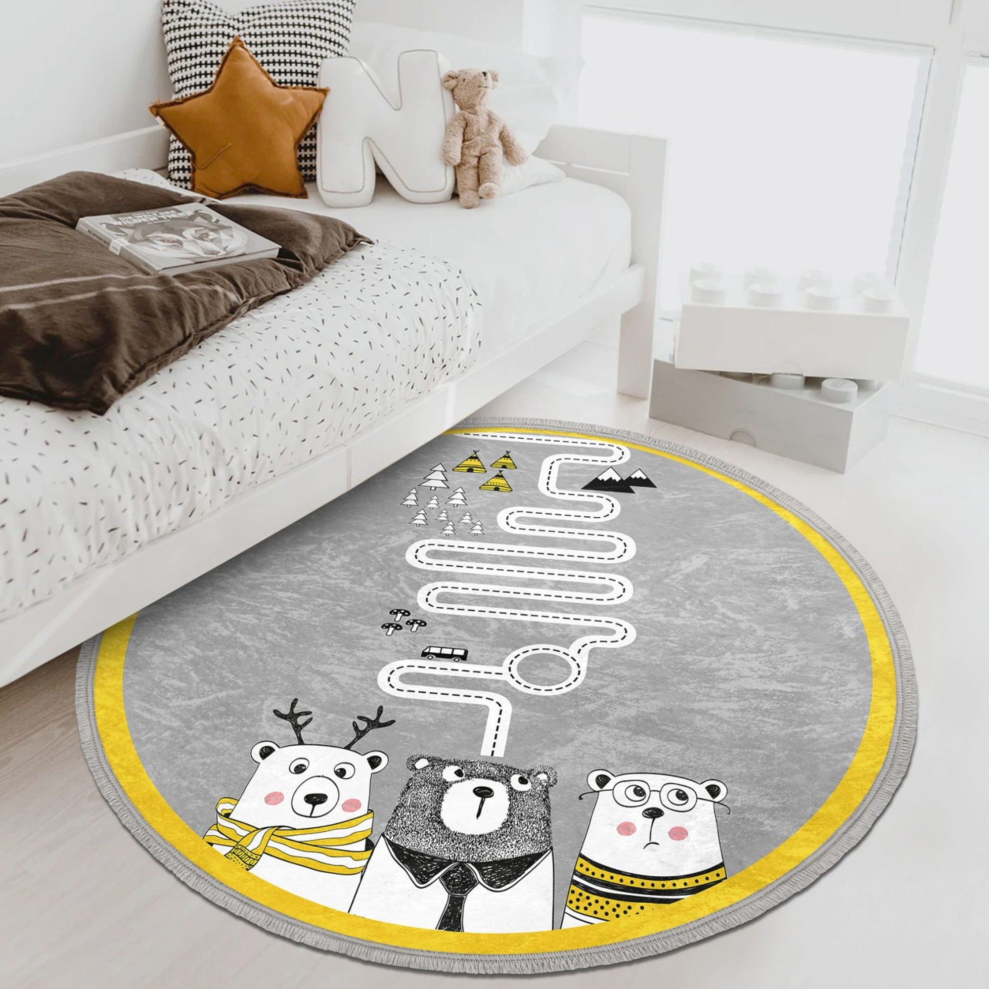 Cute Teddy Bear Round Rug in a child's room, featuring a soft velvet texture and playful teddy bear design.