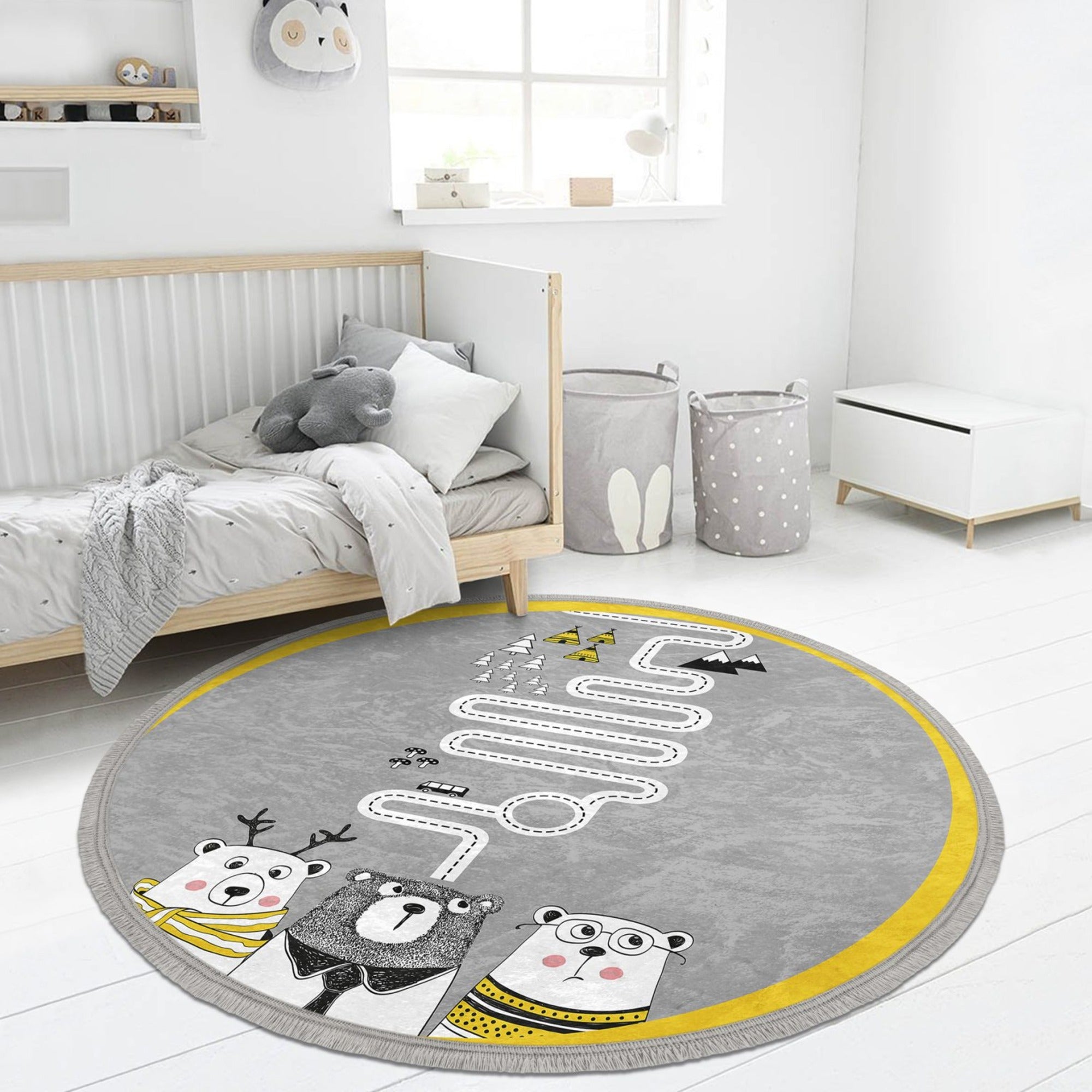 Cute Teddy Bear Round Rug in a child's room, featuring a soft velvet texture and playful teddy bear design.