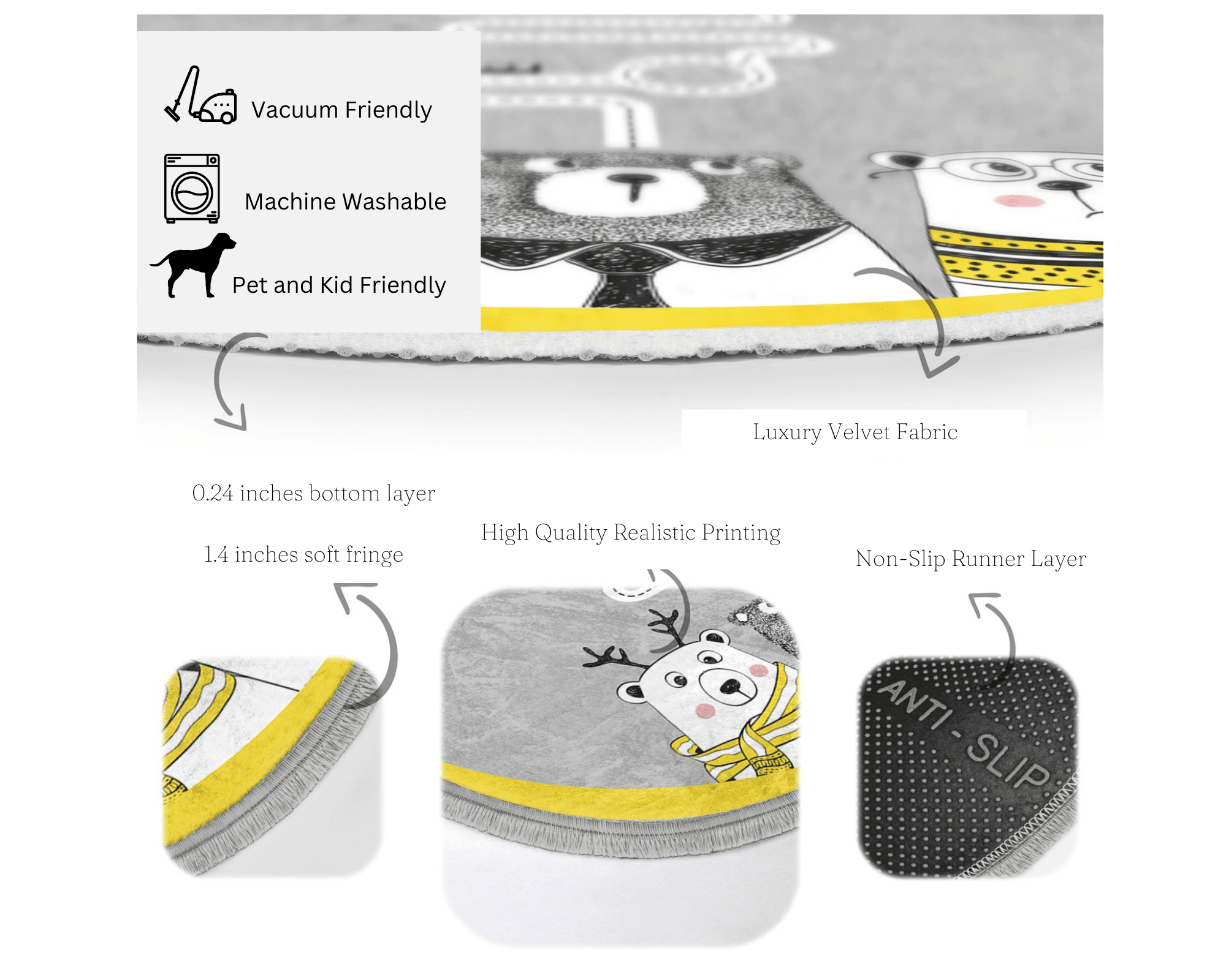 Cute Teddy Bear Round Rug in a child's room, featuring a soft velvet texture and playful teddy bear design.