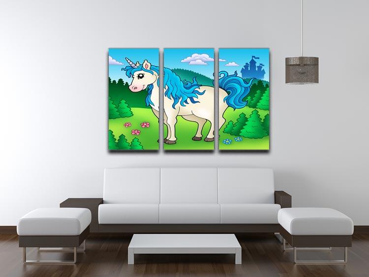 A beautiful 3-panel canvas print featuring a cute unicorn in a lush forest, ideal for home decor.