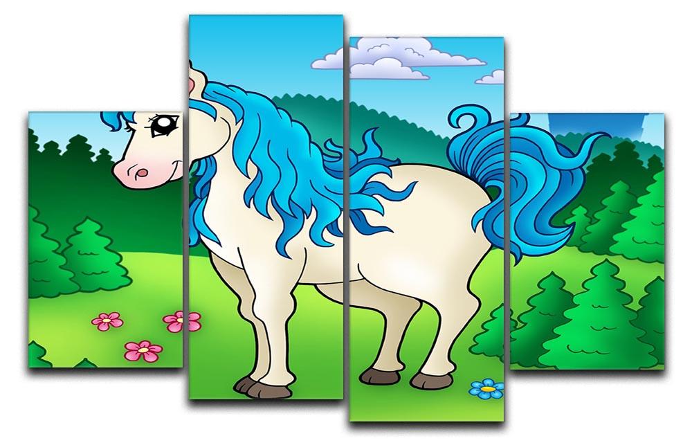 A whimsical 4-panel canvas featuring a cute unicorn in a vibrant forest setting, perfect for home decor.