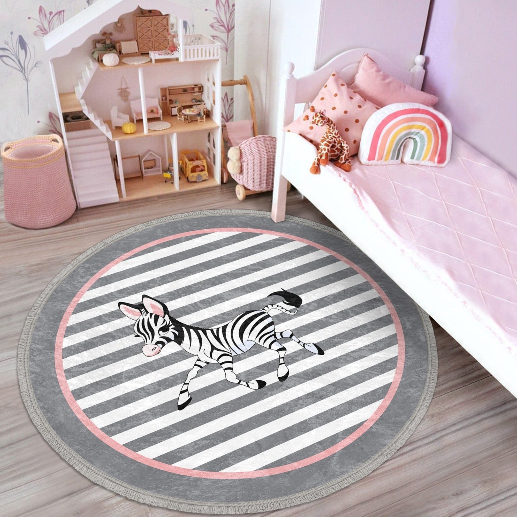Cute zebra nursery room round rug with vibrant animal print, perfect for kids' room decor and playtime safety.