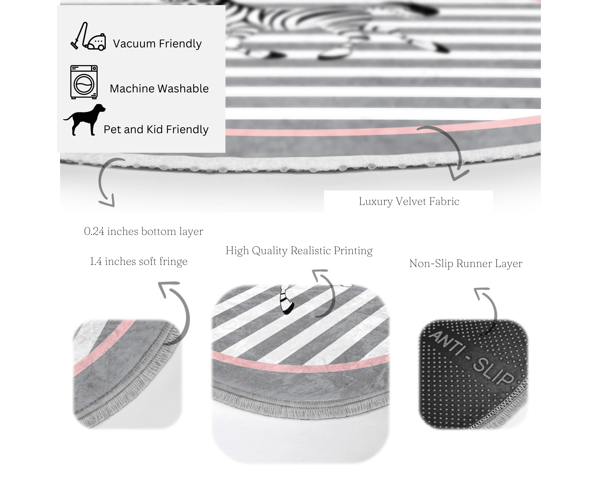 Cute zebra nursery room round rug with vibrant animal print, perfect for kids' room decor and playtime safety.