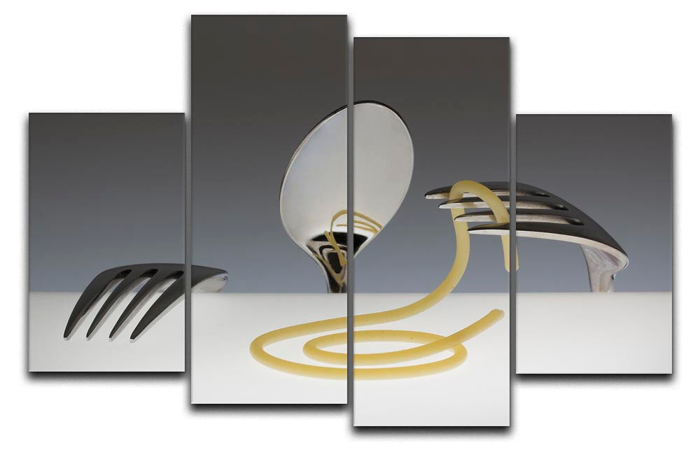 A vibrant 4-panel canvas artwork featuring cutlery and spaghetti, perfect for dining room decor.