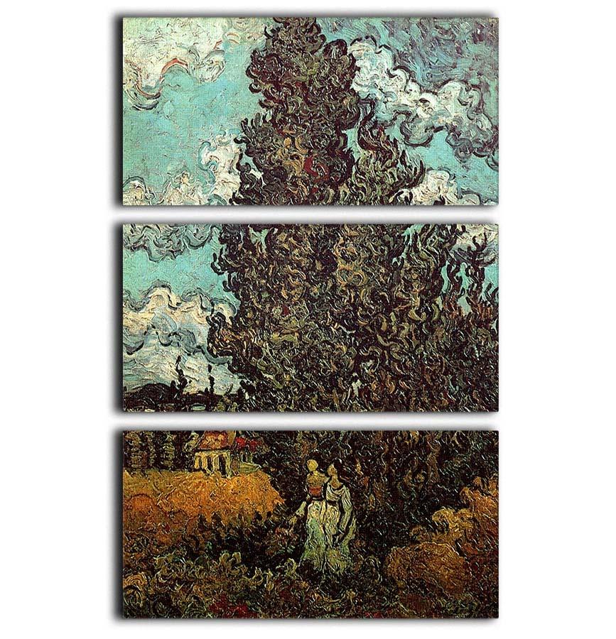 Three-panel canvas print of Van Gogh's Cypresses and Two Women, showcasing vibrant colors and intricate details.