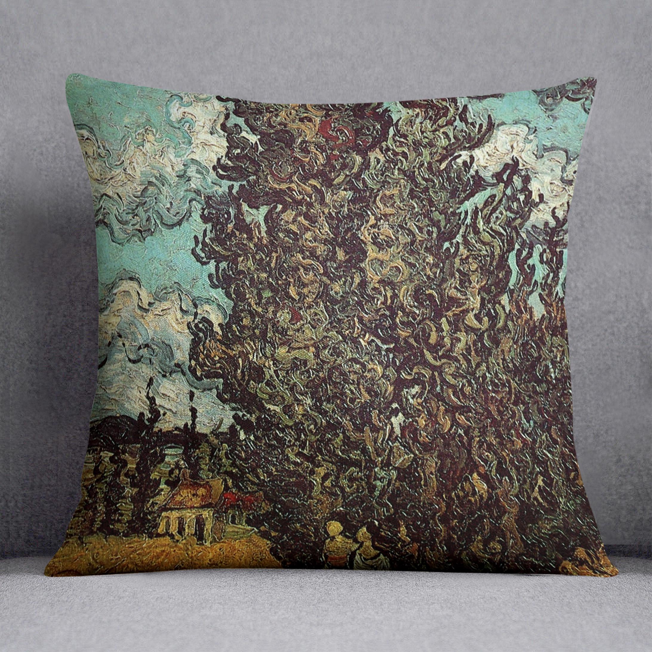 Cushion featuring Van Gogh's Cypresses and Two Women artwork, made from vegan faux suede with vibrant colors.