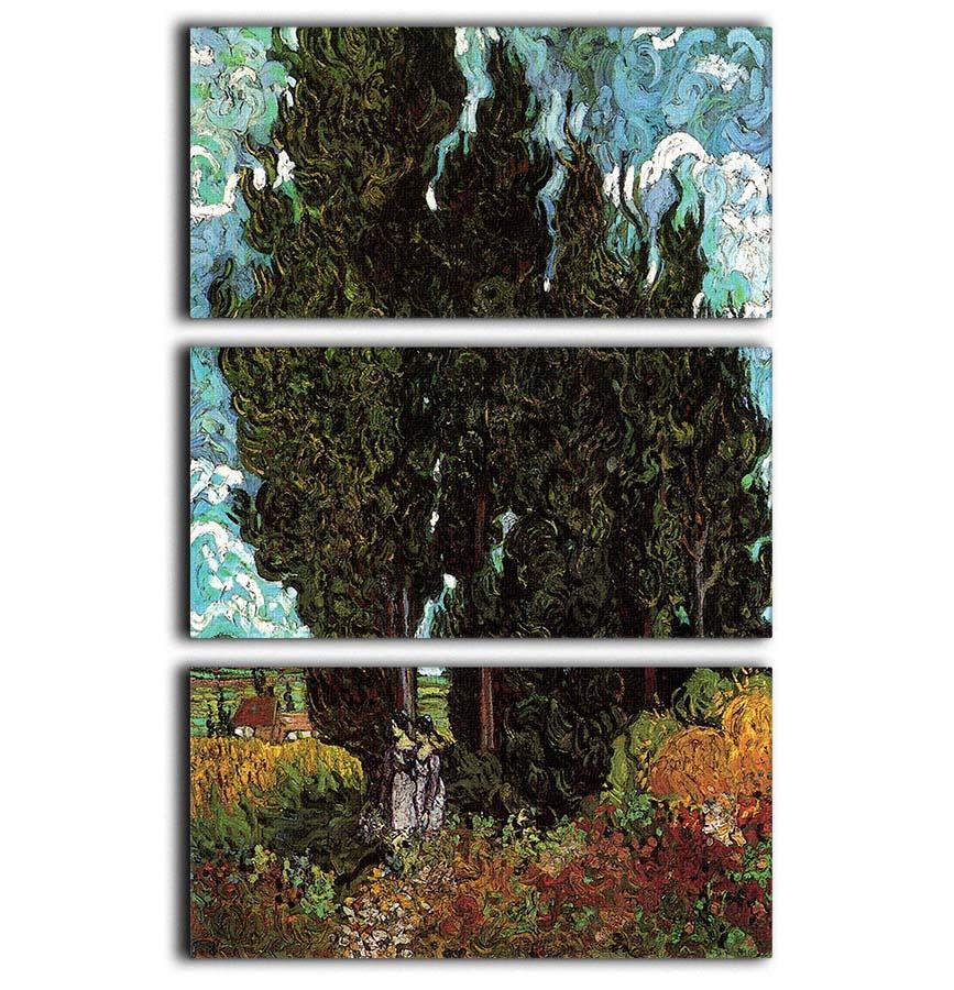Three-panel canvas art featuring Van Gogh's Cypresses with Two Female Figures, showcasing vibrant colors and intricate details.