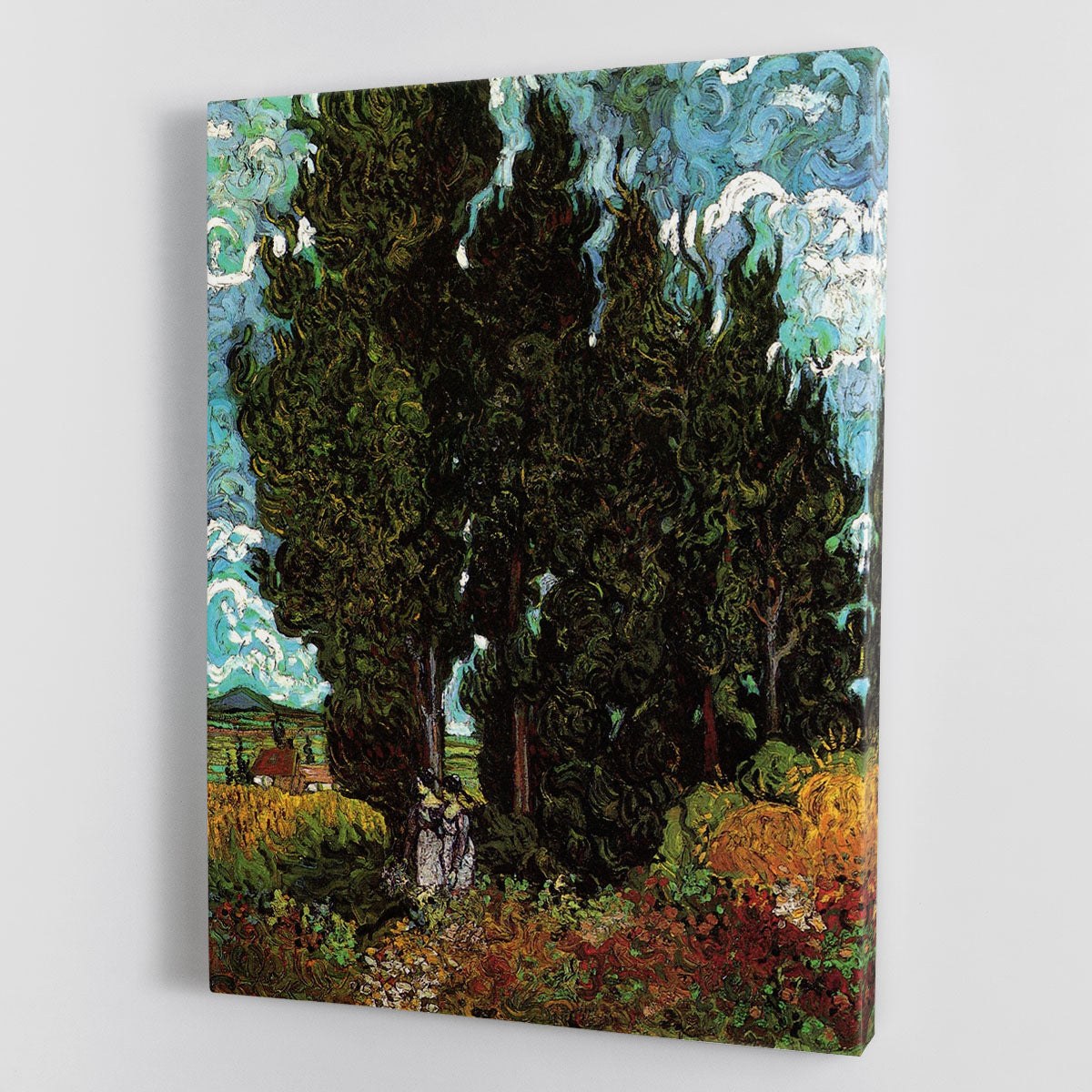 Canvas print of Van Gogh's Cypresses featuring two female figures amidst lush greenery.