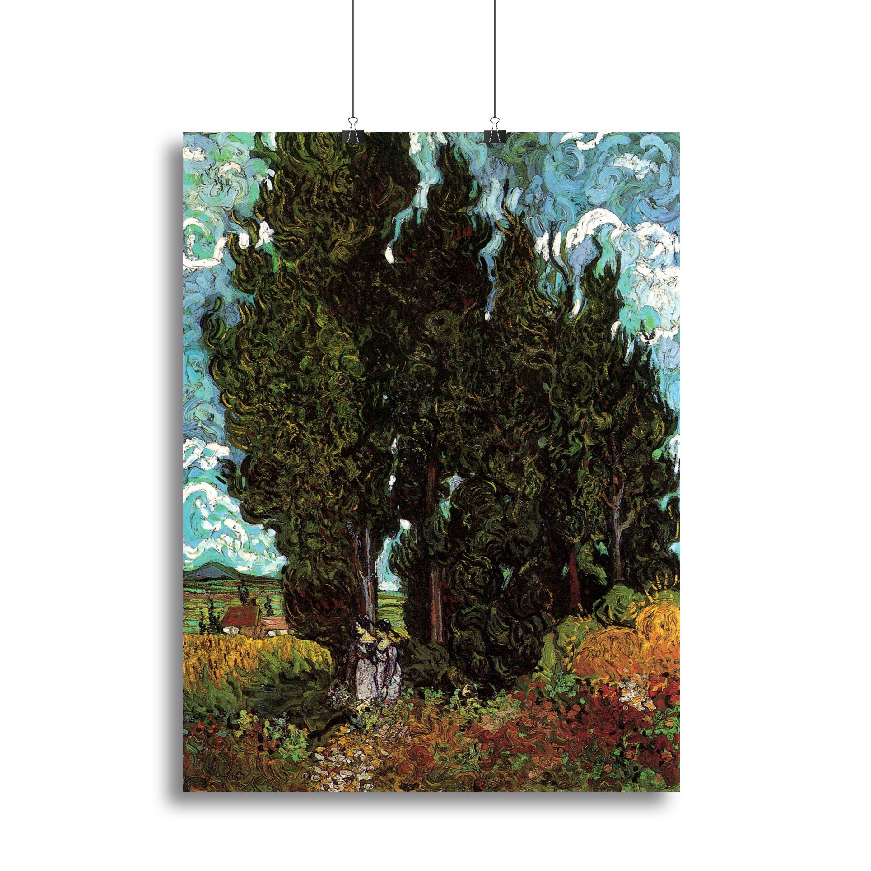 Canvas print of Van Gogh's Cypresses featuring two female figures amidst lush greenery.
