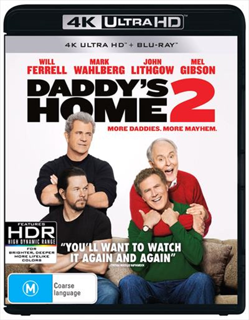 Daddy's Home 2 UHD movie cover featuring Will Ferrell and Mark Wahlberg with festive holiday elements.