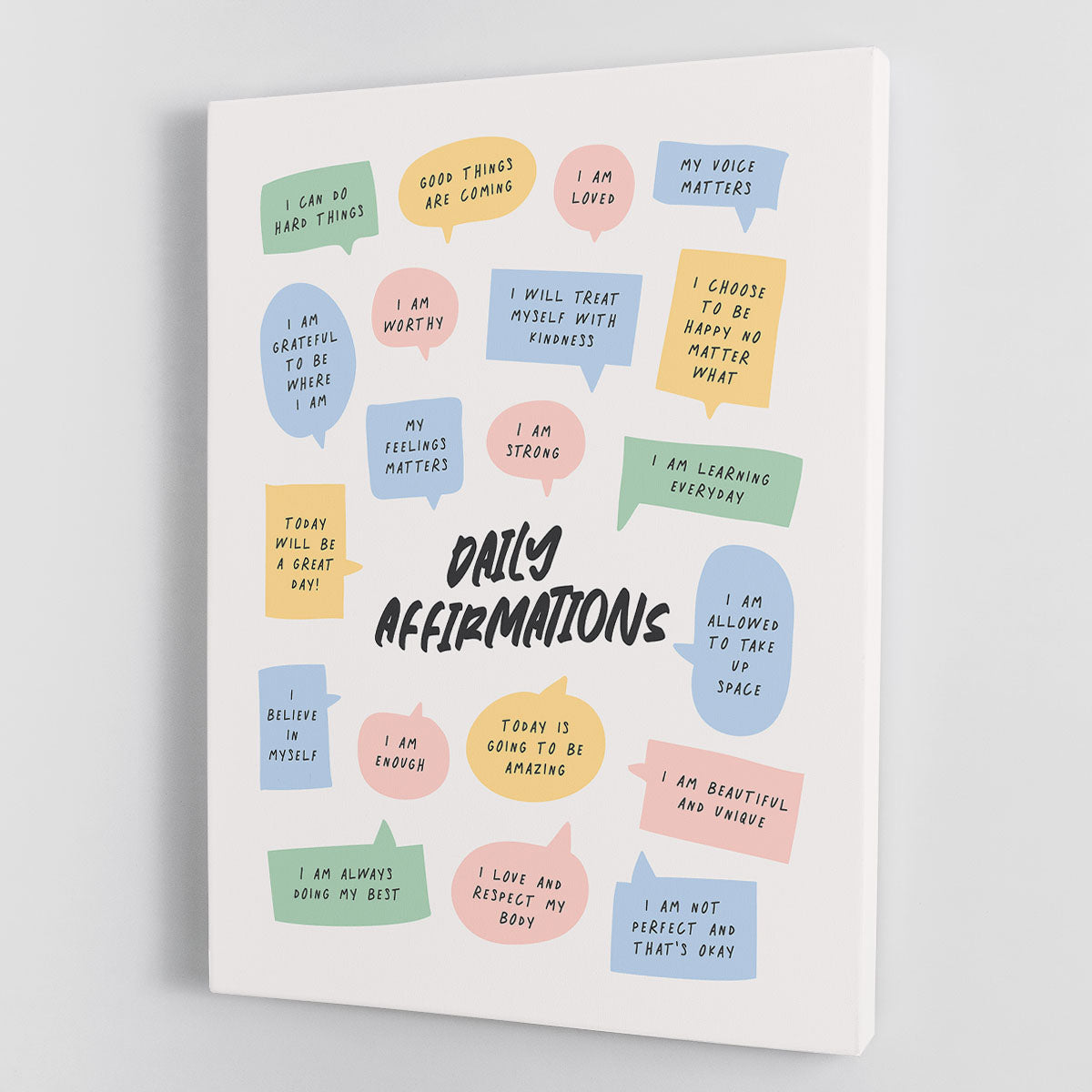 A vibrant Daily Affirmations Canvas Print featuring motivational quotes and artistic designs, perfect for home or office decor.