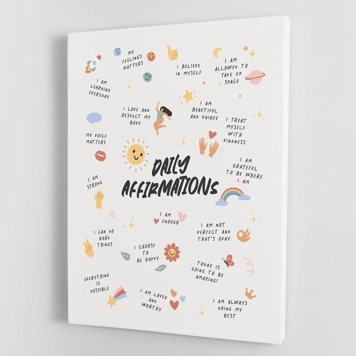 A vibrant Daily Affirmations Emoji Canvas Print featuring colorful emojis and motivational phrases, perfect for home or office decor.