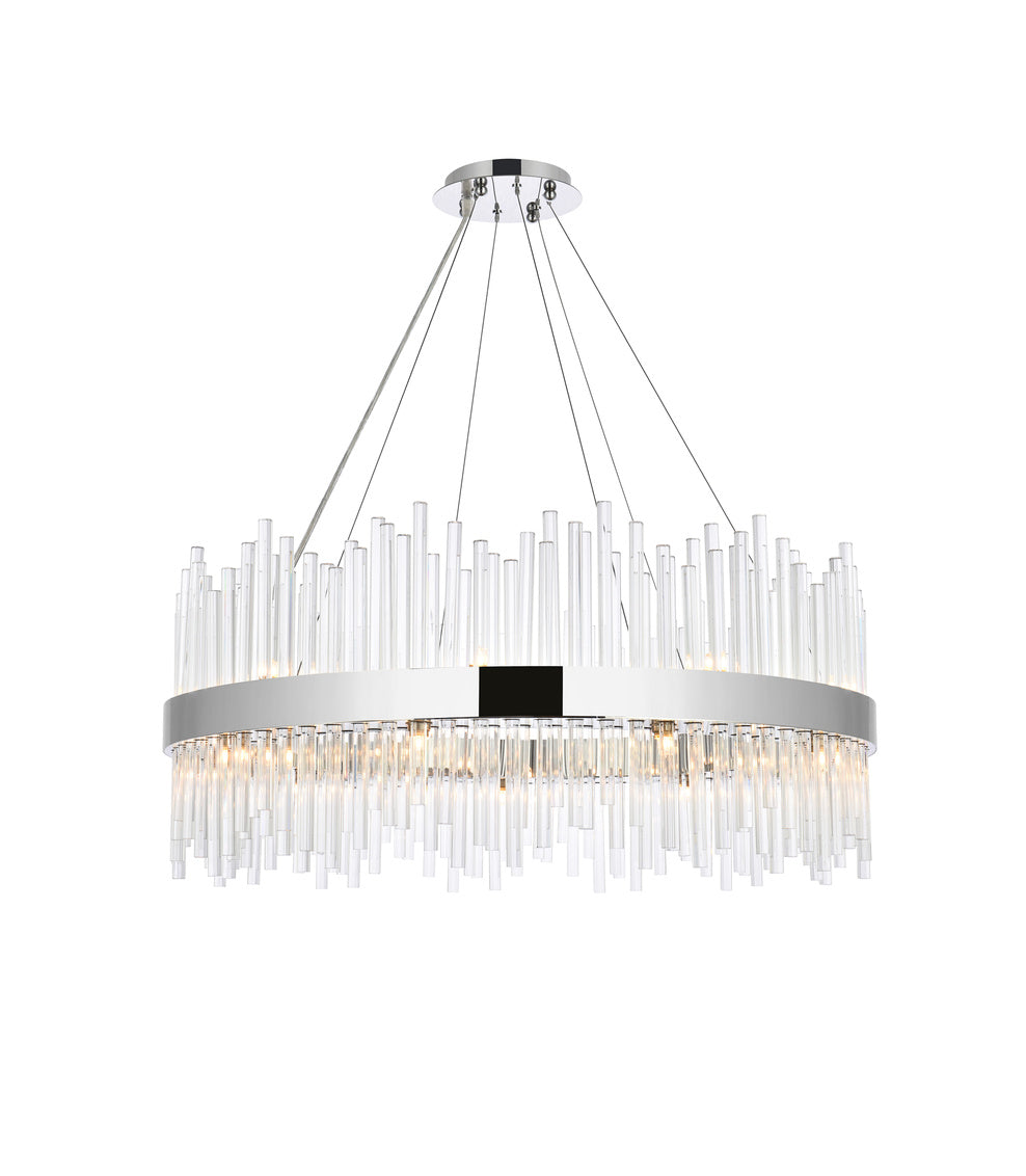 Dallas 36 inch round crystal pendant light in chrome, featuring clear crystals and a modern design, perfect for elegant home decor.