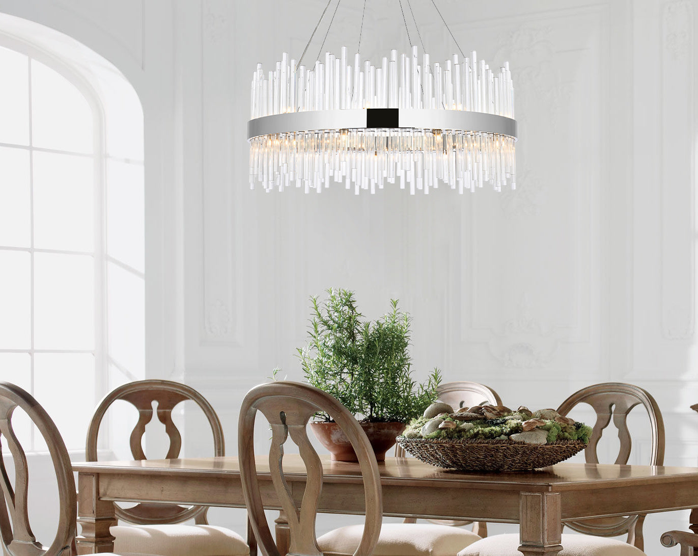 Dallas 36 inch round crystal pendant light in chrome, featuring clear crystals and a modern design, perfect for elegant home decor.