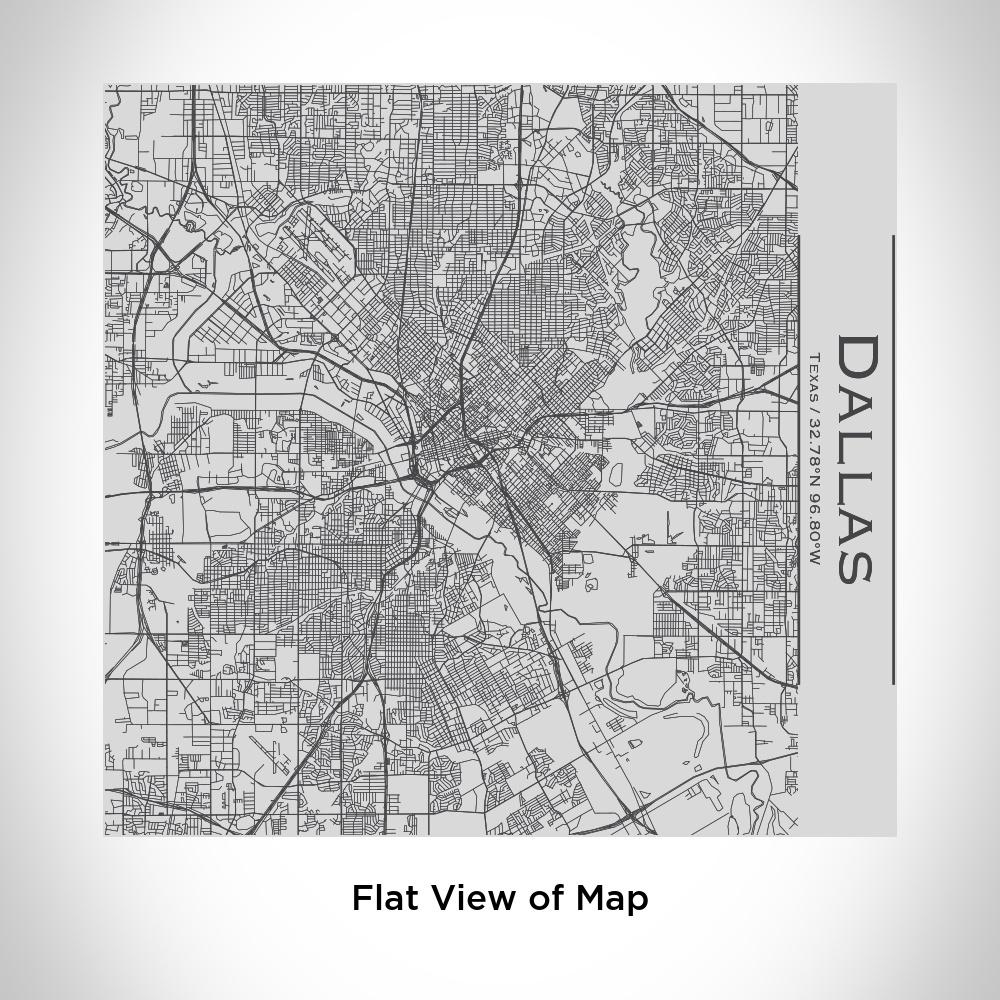 Custom engraved stainless steel tumbler featuring a detailed map of Dallas, Texas with coordinates.