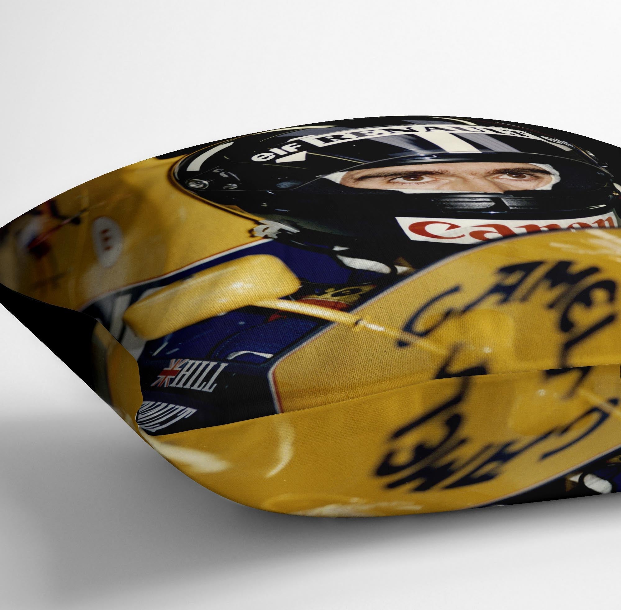 Damon Hill at Silverstone Cushion featuring vibrant abstract design on luxurious vegan faux suede, perfect for home decor.