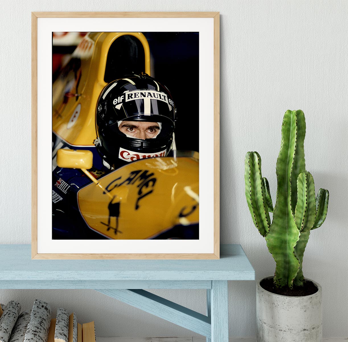 Framed print of Damon Hill at Silverstone, showcasing vibrant colors and quality craftsmanship.