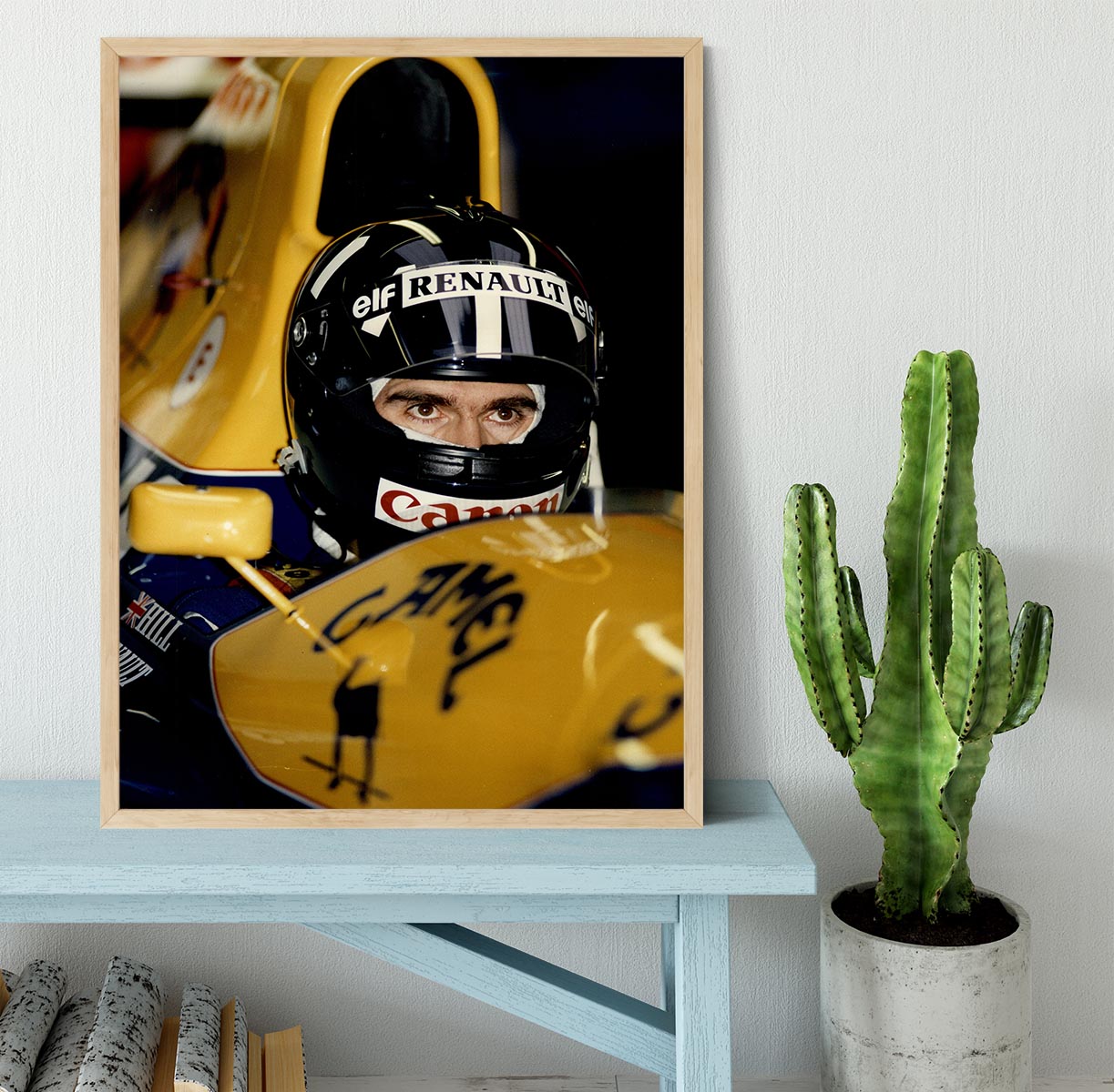 Framed print of Damon Hill at Silverstone, showcasing vibrant colors and quality craftsmanship.