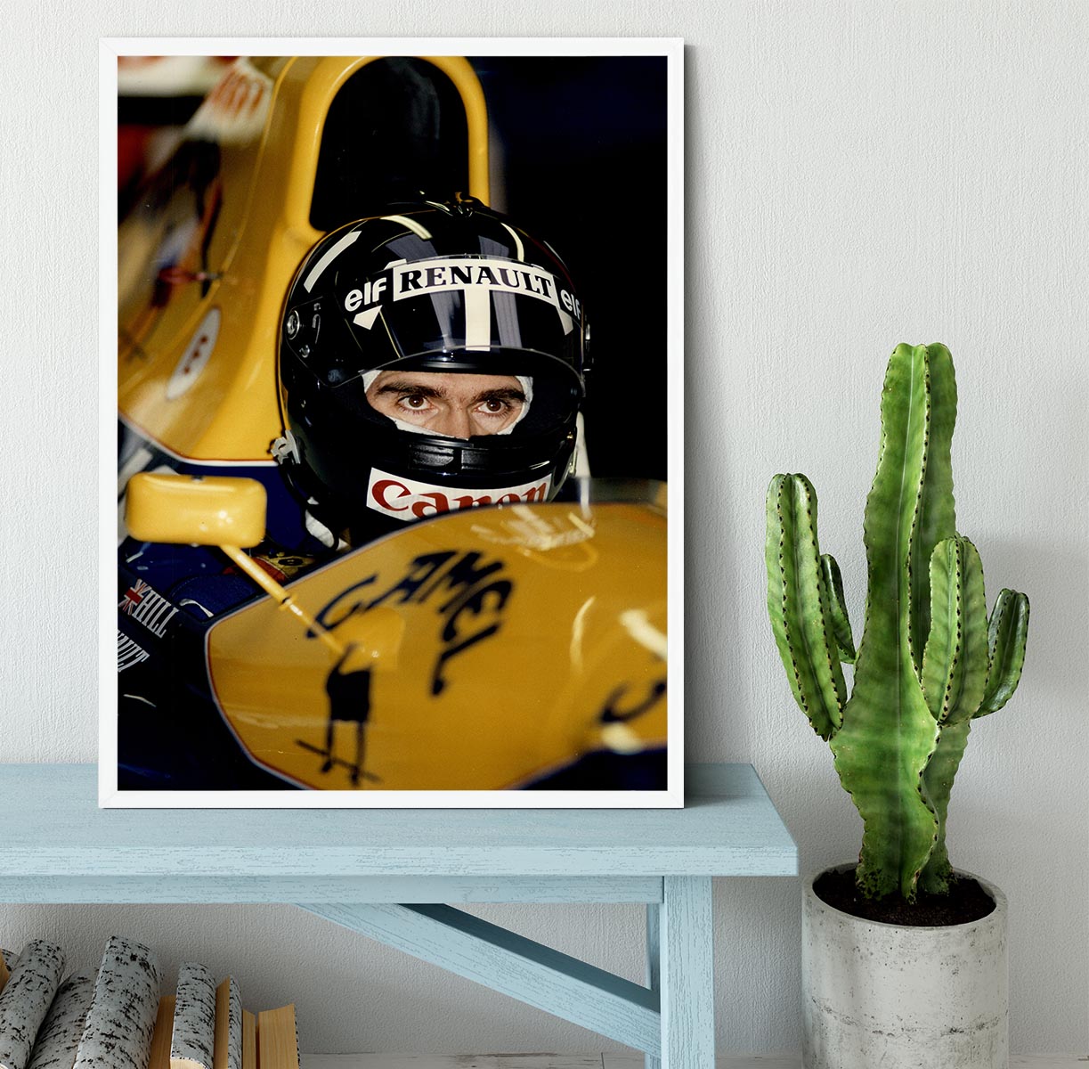 Framed print of Damon Hill at Silverstone, showcasing vibrant colors and quality craftsmanship.