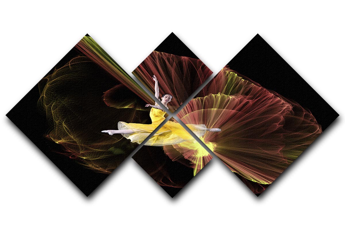 A vibrant 4-square multi panel canvas artwork featuring a dancer illuminated by light, creating a dynamic and inspiring visual effect.