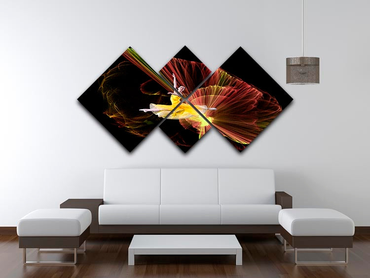A vibrant 4-square multi panel canvas artwork featuring a dancer illuminated by light, creating a dynamic and inspiring visual effect.