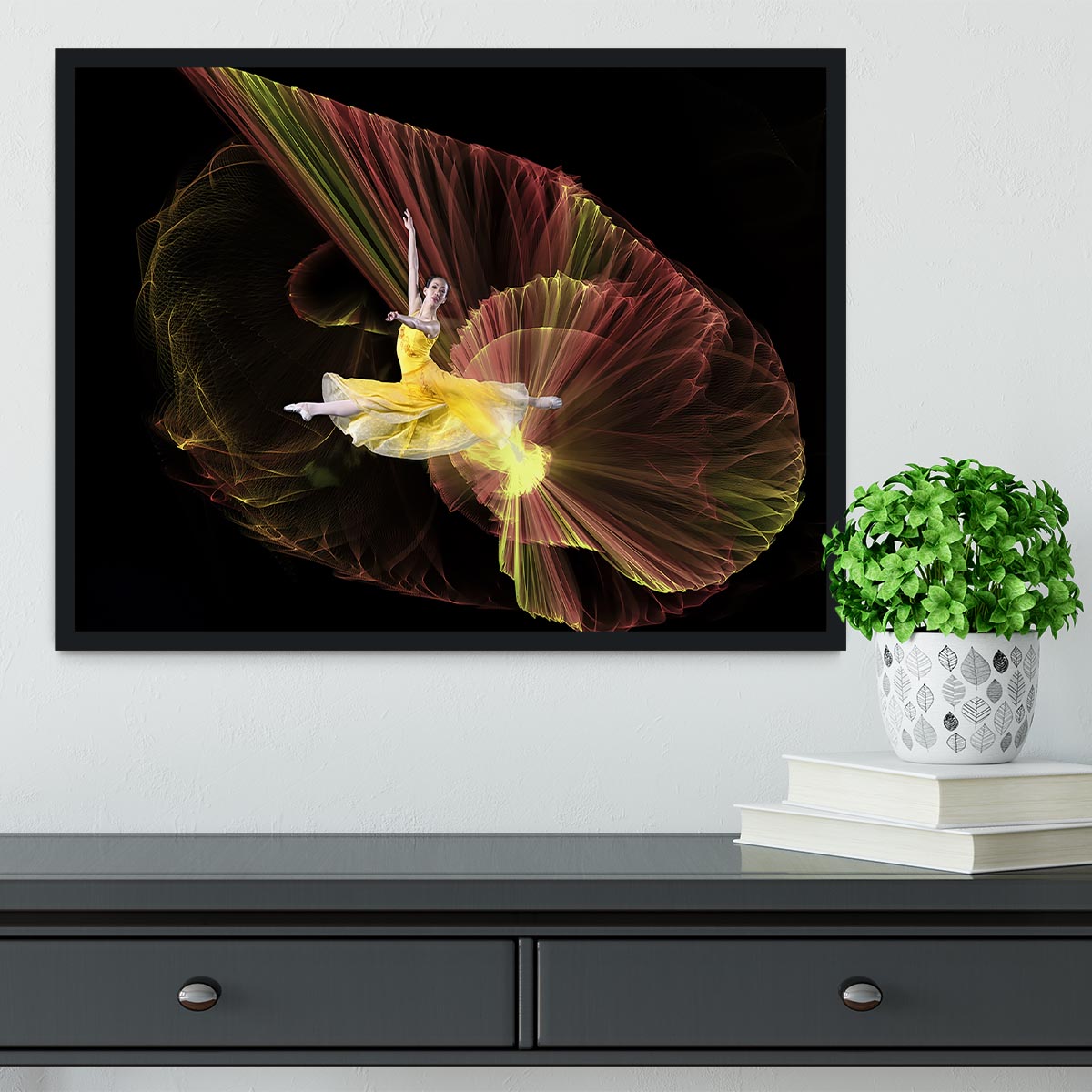 Dancer With Light Framed Print showcasing vibrant colors in a handmade frame, available in black, white, or natural wood.