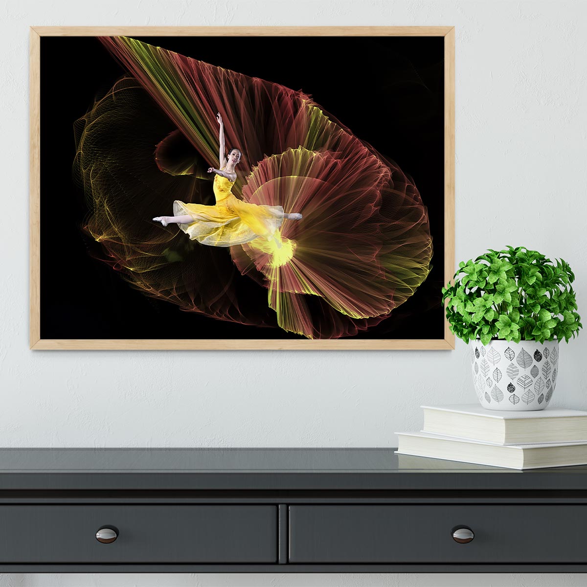 Dancer With Light Framed Print showcasing vibrant colors in a handmade frame, available in black, white, or natural wood.