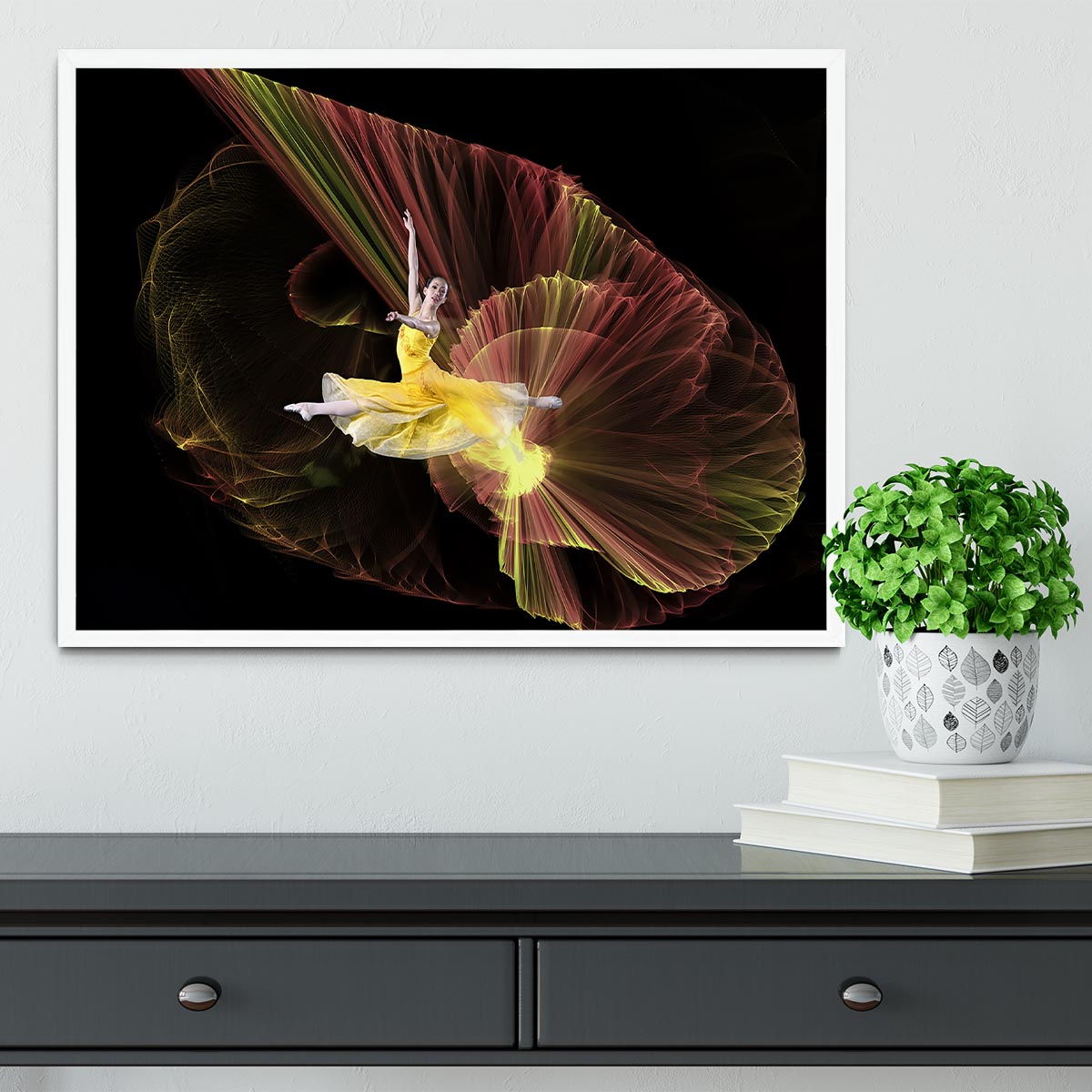 Dancer With Light Framed Print showcasing vibrant colors in a handmade frame, available in black, white, or natural wood.