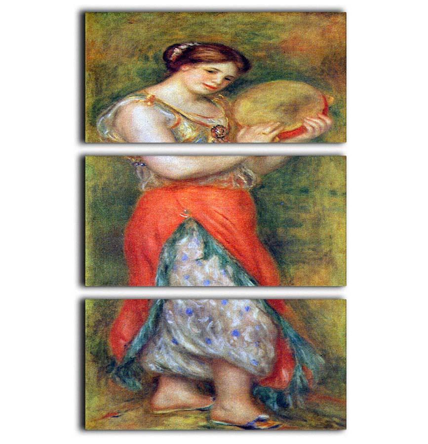 Three-panel canvas print of Renoir's Dancer with Tambourine, showcasing vibrant colors and intricate details.