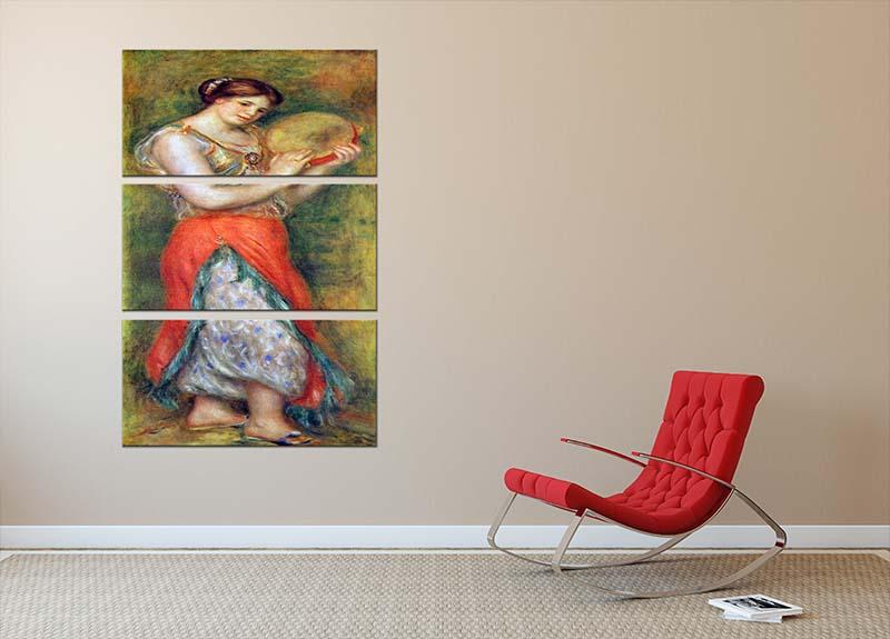 Three-panel canvas print of Renoir's Dancer with Tambourine, showcasing vibrant colors and intricate details.