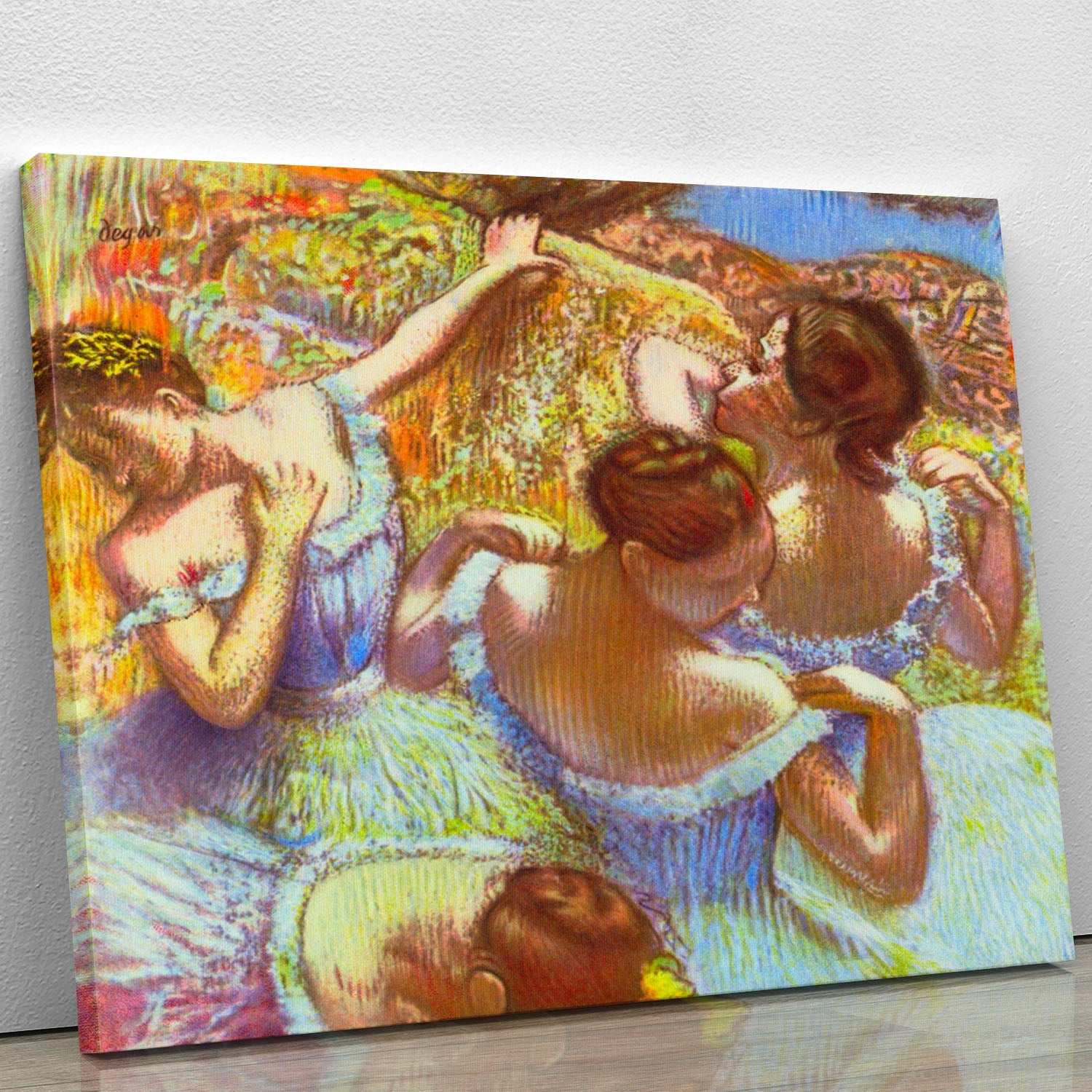 Dancers in Blue by Degas canvas print showcasing ballet dancers in elegant poses, perfect for home decor.