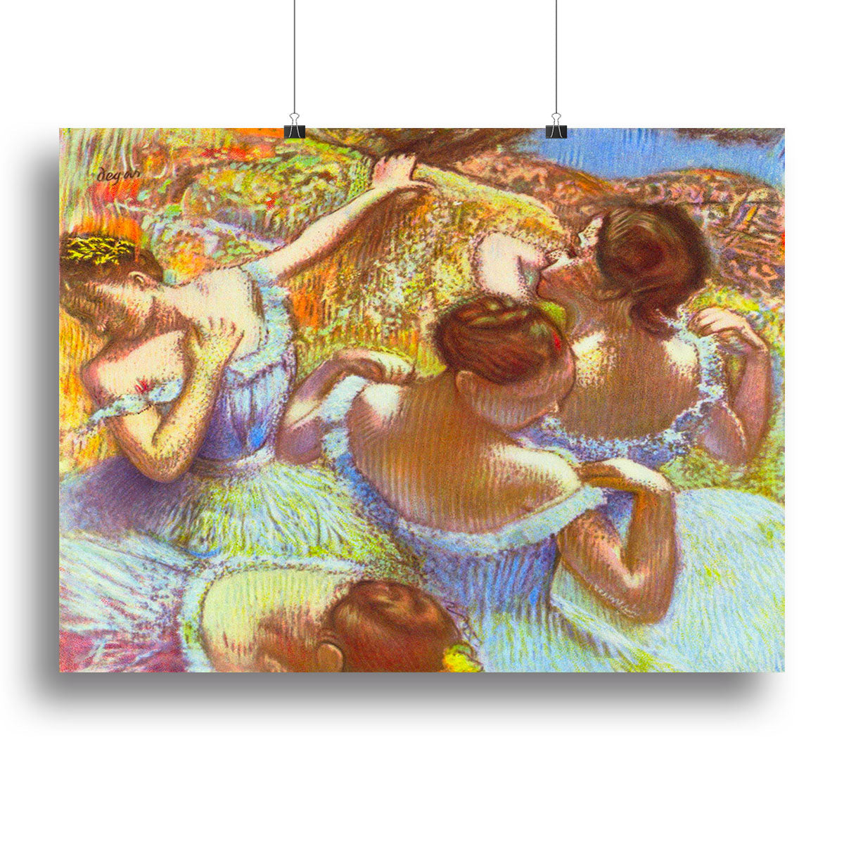 Dancers in Blue by Degas canvas print showcasing ballet dancers in elegant poses, perfect for home decor.