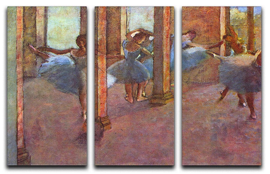 Three-panel canvas print of Degas's Dancers in the Foyer, showcasing elegant dancers in a vibrant setting.