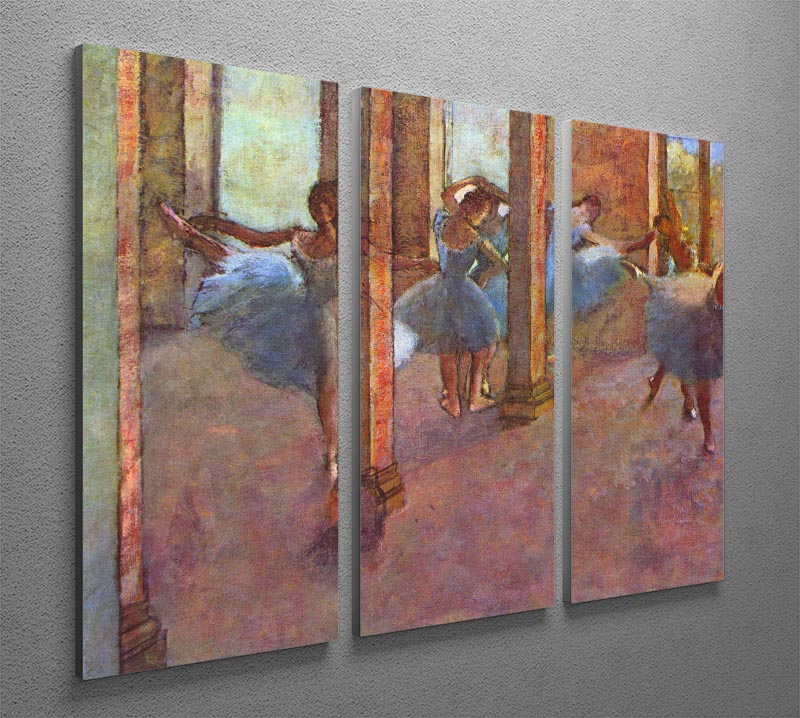 Three-panel canvas print of Degas's Dancers in the Foyer, showcasing elegant dancers in a vibrant setting.