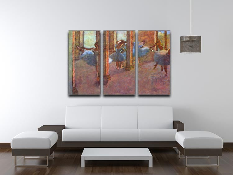 Three-panel canvas print of Degas's Dancers in the Foyer, showcasing elegant dancers in a vibrant setting.