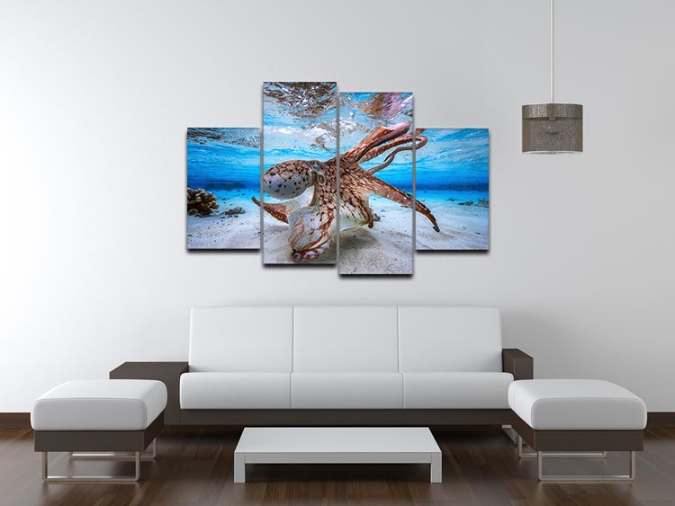 A vibrant 4-split canvas artwork featuring a dancing octopus, showcasing dynamic colors and intricate details across four panels.