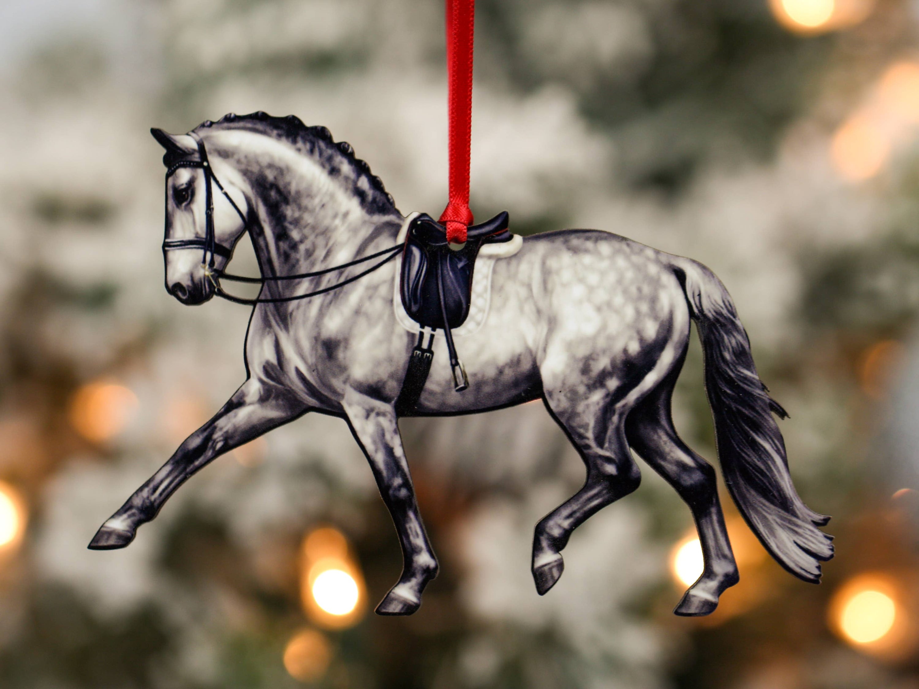 Dapple Gray Extended Trot Dressage Horse Ornament, handmade from composite wood with glossy finish, perfect for Christmas decor.