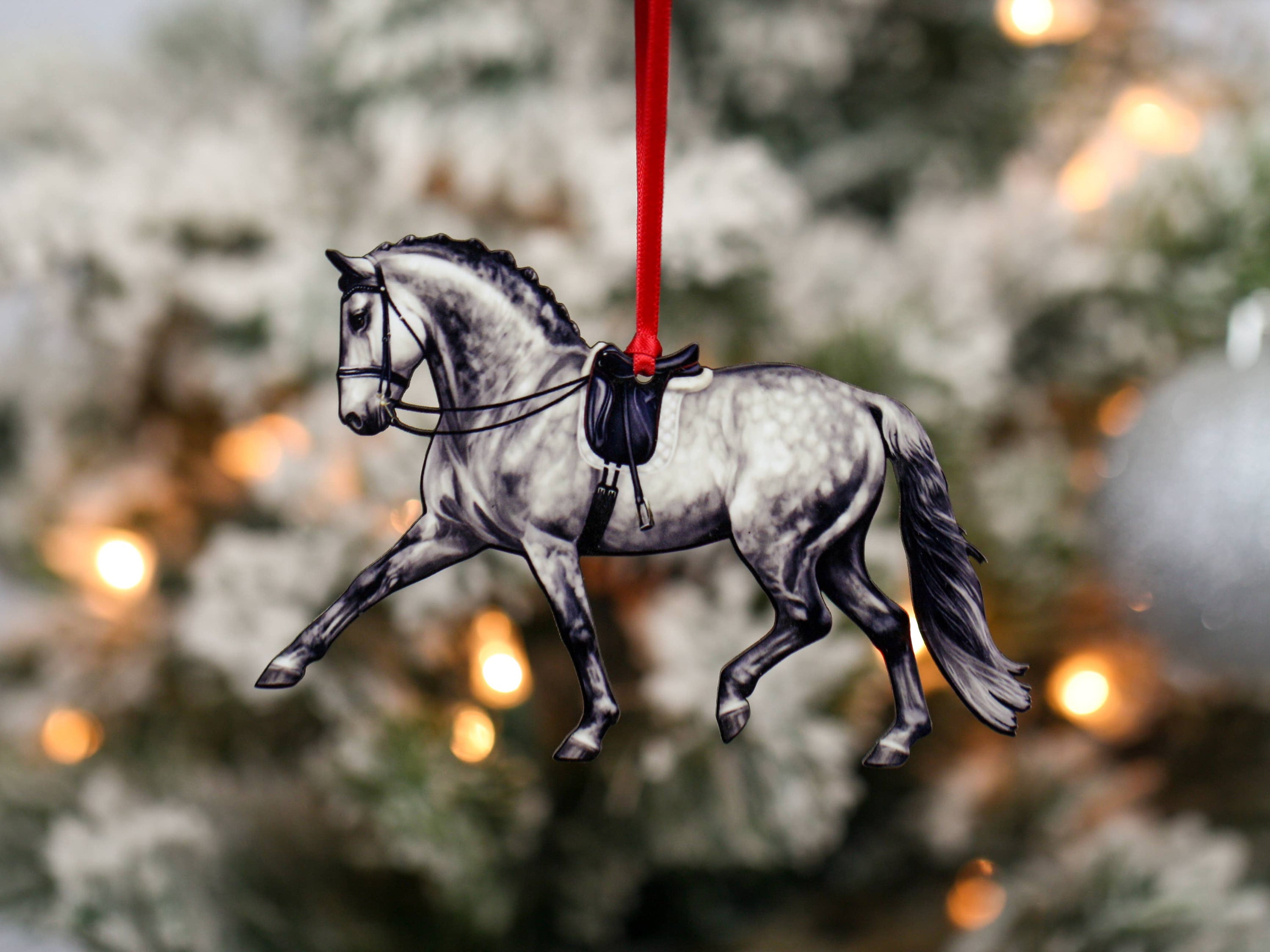 Dapple Gray Extended Trot Dressage Horse Ornament, handmade from composite wood with glossy finish, perfect for Christmas decor.