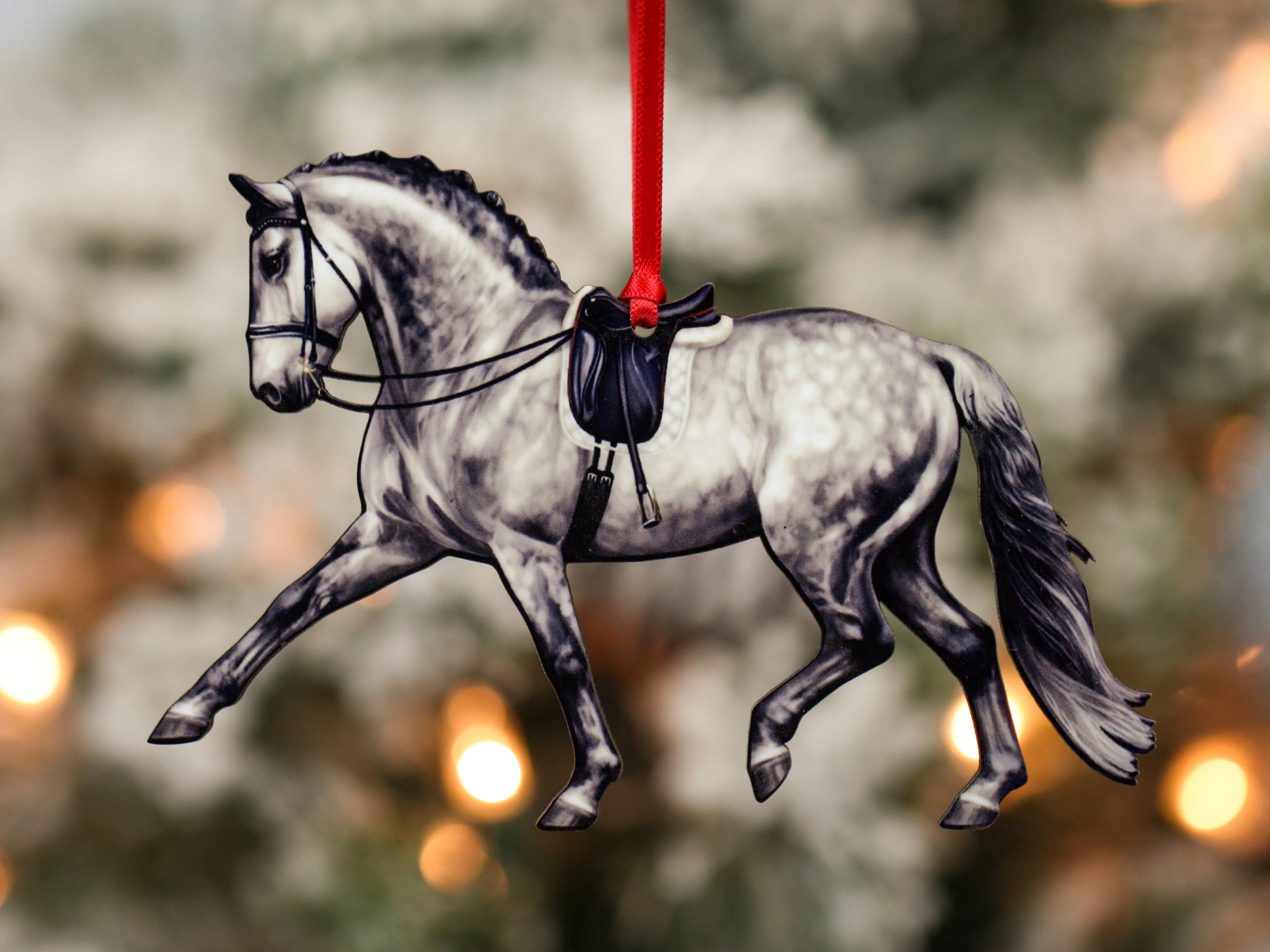 Dapple Gray Extended Trot Dressage Horse Ornament, handmade from composite wood with glossy finish, perfect for Christmas decor.