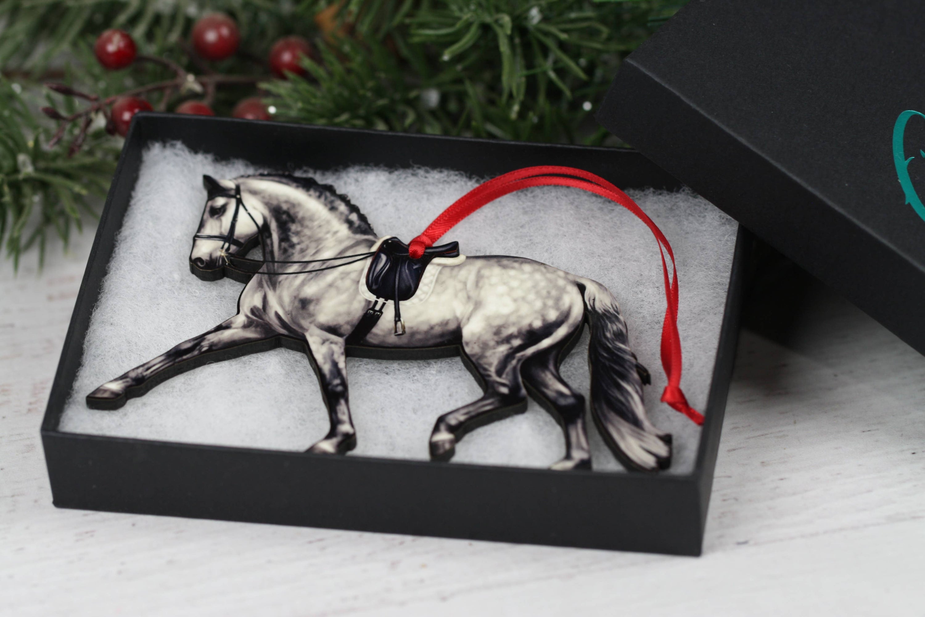 Dapple Gray Extended Trot Dressage Horse Ornament, handmade from composite wood with glossy finish, perfect for Christmas decor.