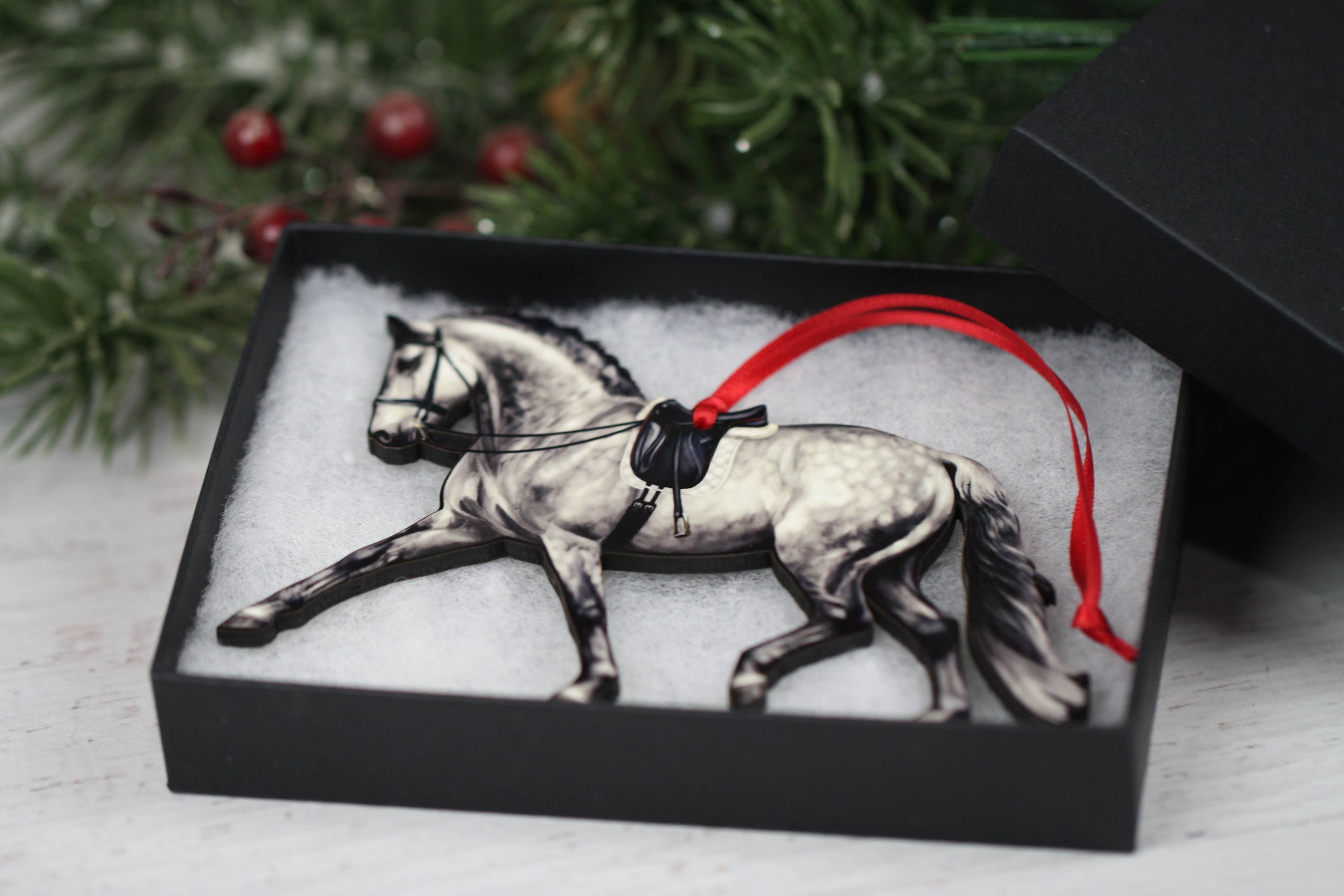 Dapple Gray Extended Trot Dressage Horse Ornament, handmade from composite wood with glossy finish, perfect for Christmas decor.
