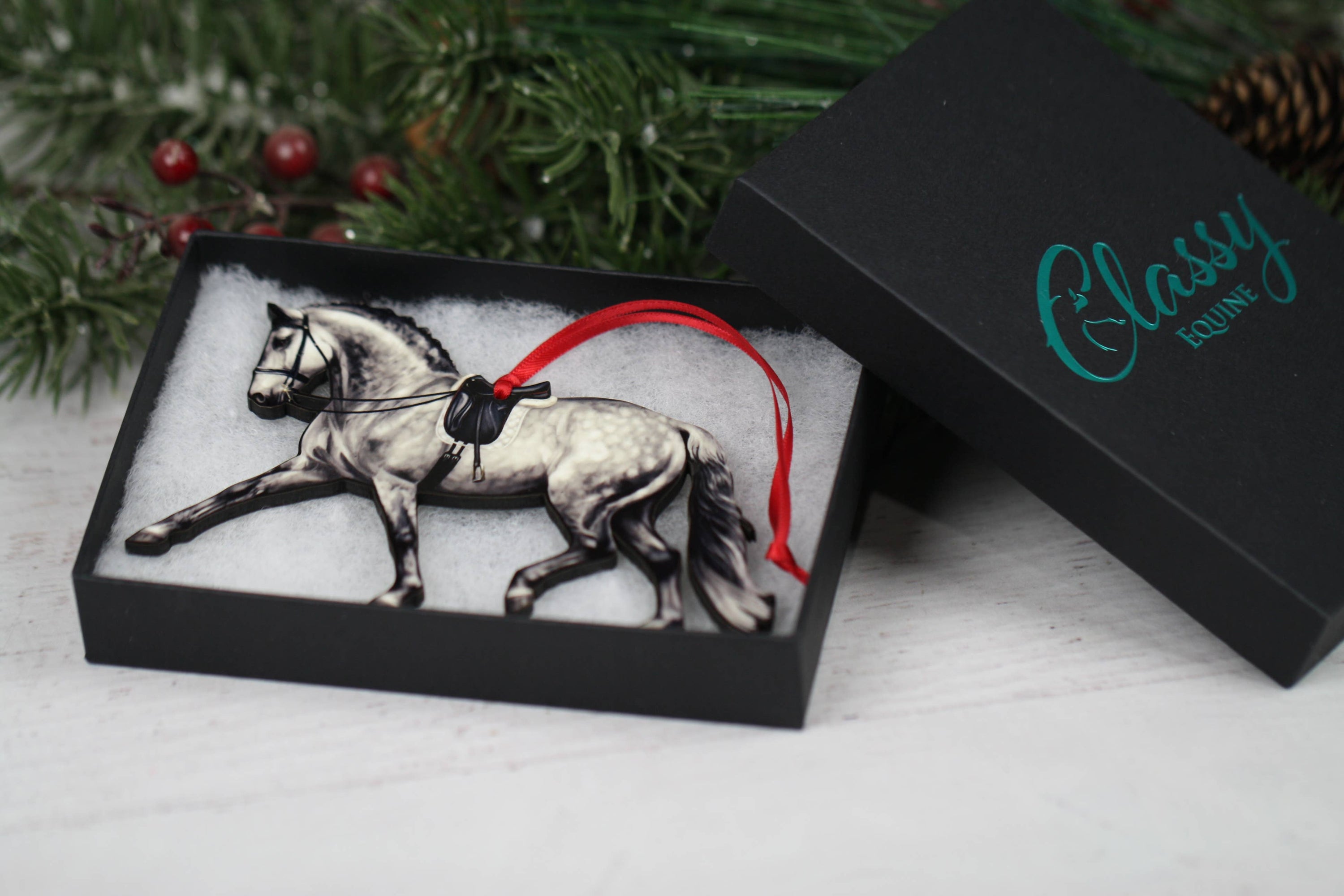 Dapple Gray Extended Trot Dressage Horse Ornament, handmade from composite wood with glossy finish, perfect for Christmas decor.